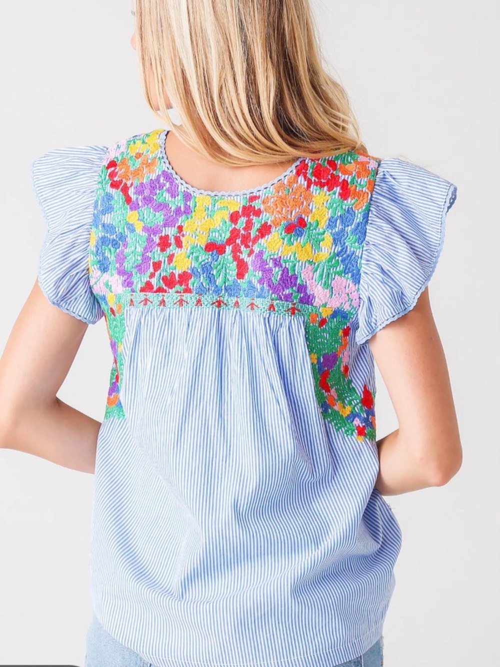Embroidered Floral Cotton Blouse in Blue and Multicolor - Picture 2 of 6